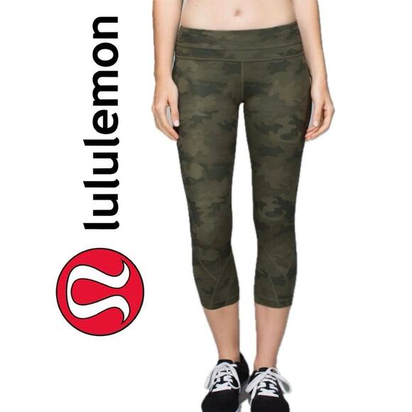 LULULEMON CAMOUFLAGE CAPRI LEGGINS WAISTBAND POCKETS SZ 6 COMBAT GYM ATHLEISURE - Picture 1 of 16
